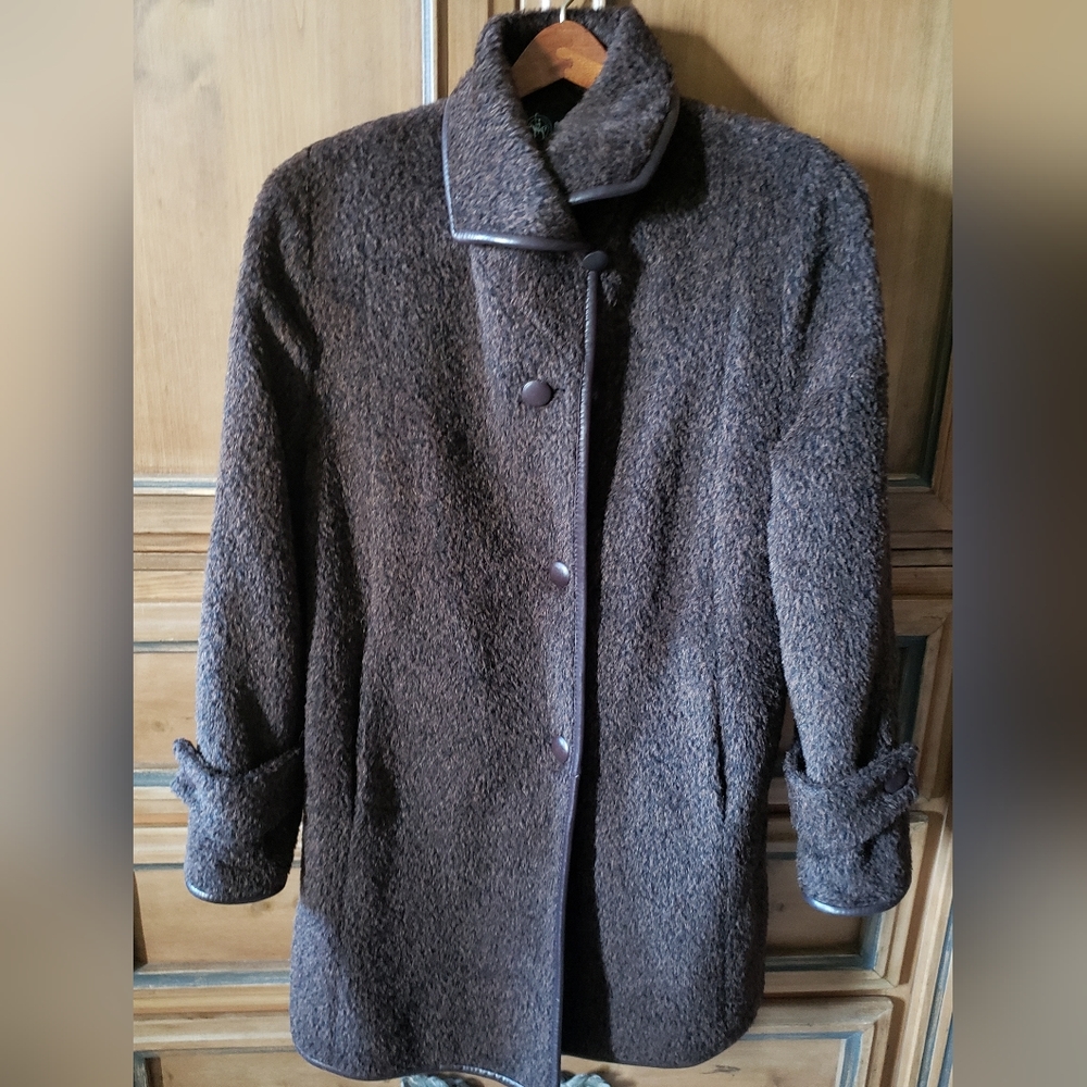 VINTAGE CLIFFORD MICHAEL BROWN ALPACA LEATHER TRIMED COAT  XS